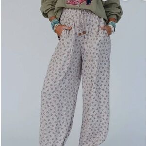 Boho Wide Leg Floral Print Pants in Cream